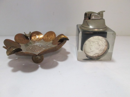 Latin American "Acapulco" Coin Ashtray and Evans 1926 Lady Liberty Coin Table Lighter