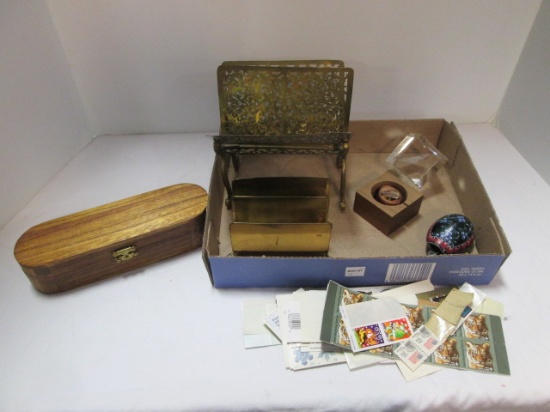 Two Brass Letter Organizers, Wooden Stamp Holder, Crystal Paperweight,