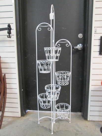 Painted White Wrought Iron Tri-Folding Plant Stand