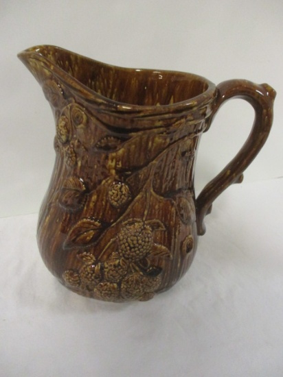 Antique Yellowware Rockingham Glaze Style Pitcher with Berry/Leaf Relief Designs