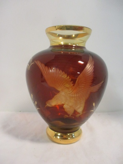 Bohemia Style Amber Cut to Clear Vase with Etched Eagle and Gold Gilt Accents