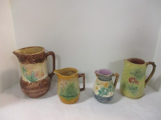 Four Antique Majolica Pottery Pitchers/Creamers