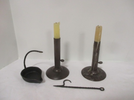 Antique Wrought Iron Betty Lamp and Pair of Hog Scraper Candle Sticks