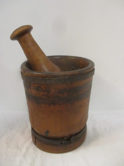 Antique Wooden Iron Banded Mortise and Pestle