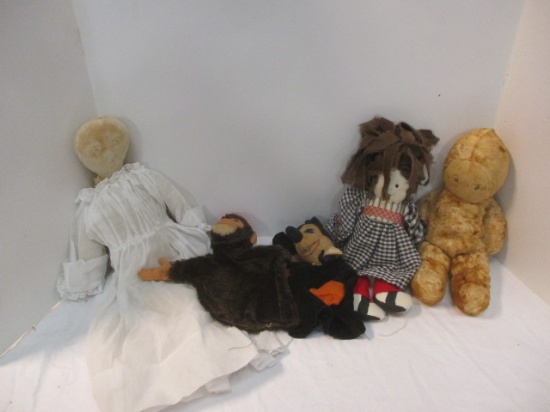 Vintage Mickey Mouse and Monkey Plush Hand Puppets, Hand Crafted Rag Dolls