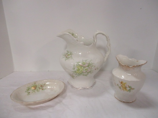 Antique Ironstone Service Pitcher, Soap Dish and Toothbrush Holder