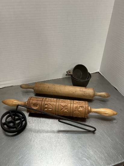 Vintage Wooden Rolling Pin, Cookie Mold Roller, Tin Measuring Cup Set