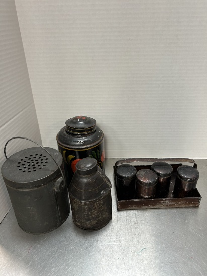 Antique Tin Kitchen Grease Can, Handpainted Tea Caddy, Tin Spice Cans