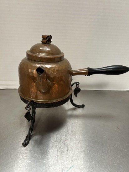 Vintage Swedish Hammered Copper Gooseneck Teapot with Wrought Iron Trivet Stand