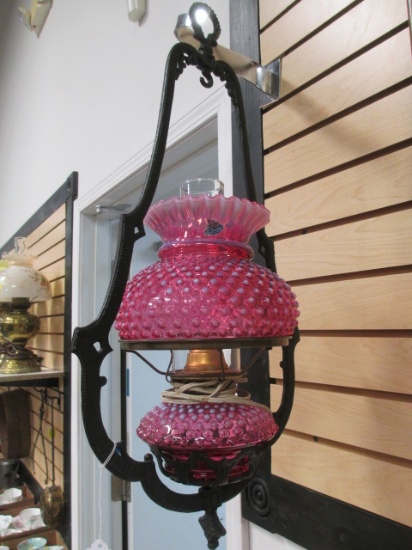 Fenton Cranberry Hobnail Lamp in Cast Iron Hanger