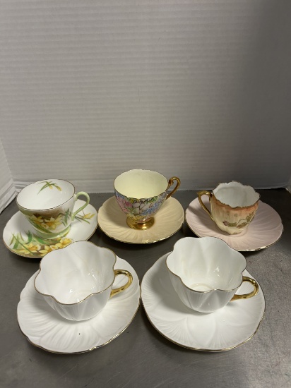 Five Shelley Fine Bone China Teacups and Saucers