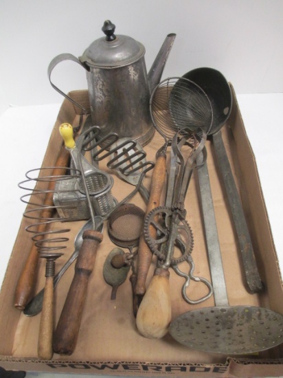 Antique Kitchen Utensils-Coffee Pot, Ladel, Strainers, Mashers, Whisk, etc.