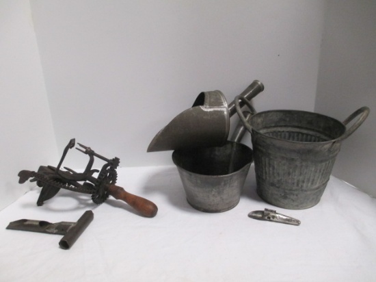 Antique Maple Sap Tap, Pails, Apple Corer, Apple Peeler and Scoop