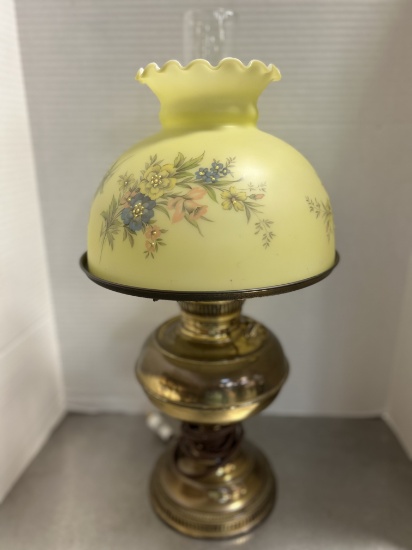 Brass Oil Parlor Lamp Converted to Electric with Satin Glass Shade