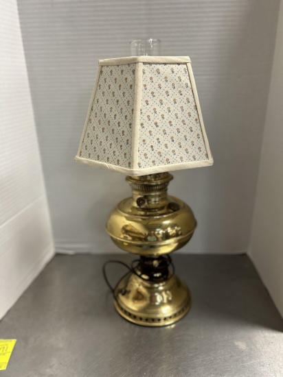 Brass Oil Parlor Lamp Converted to Electric with Paper Shade