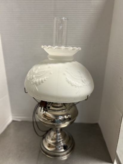 Silver Tone Oil Parlor Lamp Converted to Electric with Satin Glass Shade
