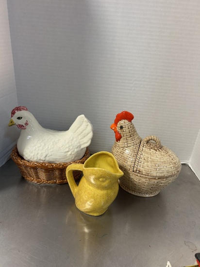 Camark Ceramic Hen on Nest, Ceramic Hen Cookie Jar and Ceramic Chick Pitcher