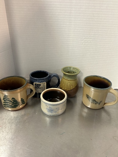Signed Studio Pottery Mugs, Vase and Butter Bowl