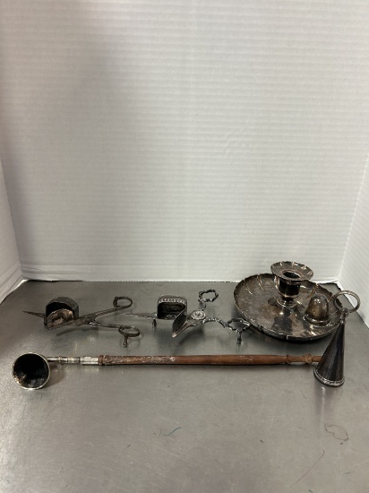 Silver over Copper Finger Hold Candle Holder, Two Pair of Candle Wick Snips and