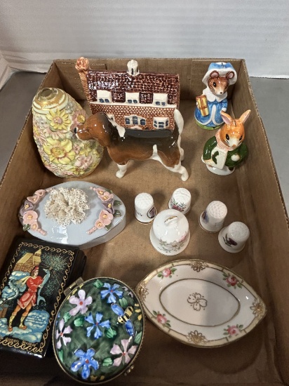 Porcelain Thimbles, Vase, Trinket Boxes, Beagle, Beatrix Potter Peter Rabbit Figures, etc.