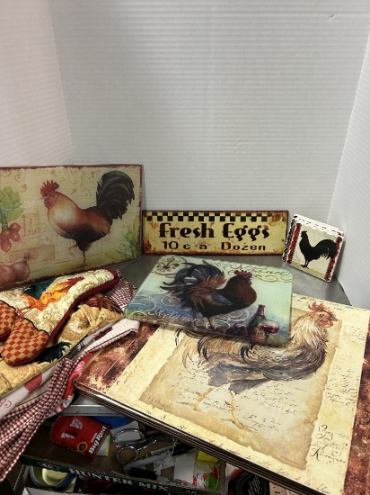 Rooster Design Cutting Boards, Kitchen Towels and Metal "Fresh Eggs" Sign