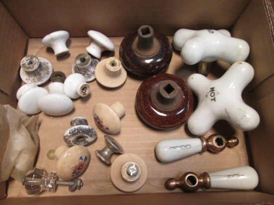 Grouping of Porcelain Hot/Cold Faucet Handles, Porcelain Door Knobs and