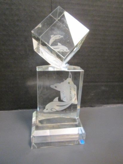 Etched Dolphin Crystal Statue Paperweight