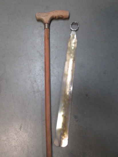 Buckner Wooden Cane and Silvertone English Long Handle Shoe Horn