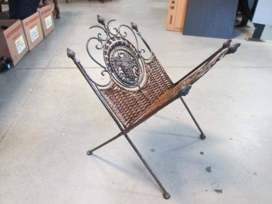 Bronzed Folding Metal and Woven Magazine Rack with Grape Cluster Motif