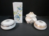 Limoges Porcelain Vase, Two Vanity Trinket Boxes and Pierced Porcelain Vanity Box