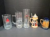 Old Clear Glass Steins and Stone Ware German Steins
