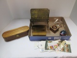 Two Brass Letter Organizers, Wooden Stamp Holder, Crystal Paperweight,