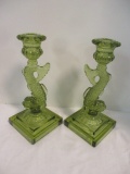 Pair of Avocado Green Glass Dolphin Fish Candle Sticks