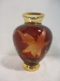 Bohemia Style Amber Cut to Clear Vase with Etched Eagle and Gold Gilt Accents