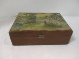 Antique Jewelry Box with Decoupage Village Scene Top