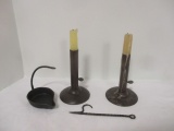 Antique Wrought Iron Betty Lamp and Pair of Hog Scraper Candle Sticks