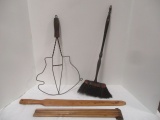 Antique Wall Mount Drying Rack, Wooden Rug Beater, Horse Hair Hearth Broom