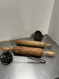 Vintage Wooden Rolling Pin, Cookie Mold Roller, Tin Measuring Cup Set