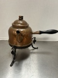 Vintage Swedish Hammered Copper Gooseneck Teapot with Wrought Iron Trivet Stand