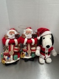 Two Fabric Handpainted Face Santas and Peanuts' Snoopy Santa