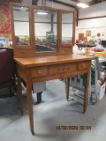 Vintage Oak Vanity with Tri-Folding Mirror Stand
