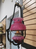 Fenton Cranberry Hobnail Lamp in Cast Iron Hanger