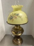 Brass Oil Parlor Lamp Converted to Electric with Satin Glass Shade