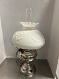 Silver Tone Oil Parlor Lamp Converted to Electric with Satin Glass Shade