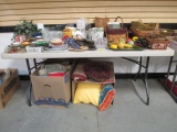 Table Lot Top to Bottom! Glassware, Baskets, Toile Tray, Table Cloths, Accent Pillows, etc.