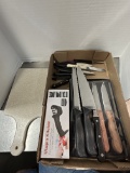 Corian Cutting Board, Utopia Kitchen Knife Sharpener and Various Kitchen Knives