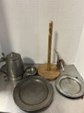 Pewter Tankard Stein, Porringer Dish, Plates and Wood/Pewter Sea Turtle