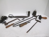 Antique Primitive Tools-Ember Tongs, Hand Held Blade Sharpener,