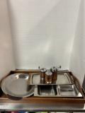 Midcentury Stainless Hostess Trays, Salt/Pepper Mills and Wood Serving T