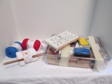 Collection of Crafting Stamps, Stamp Pads and Knitting Needles with 3 Skeins of Yarn